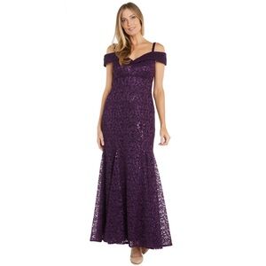 R & M Richards Off-The-Shoulder Plum Purple Lace Evening Formal Gown 6 New